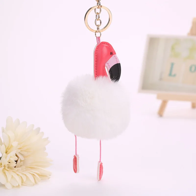 Original Pink Fluffy Pompom Flamingo Keychain Women Faux Rabbit Fur Ball Pompon Key Chain Car Bag  Pom Pom Key Rey Ring Holder