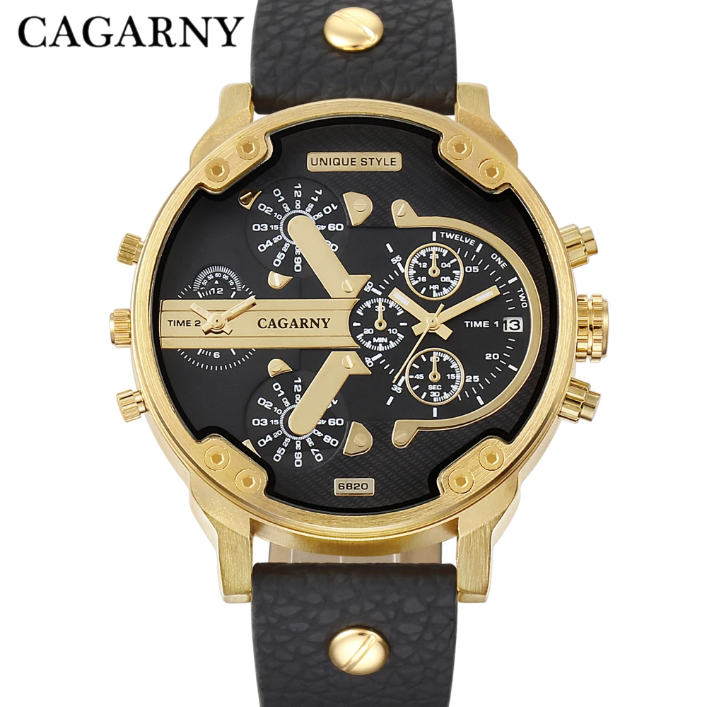 Cagarny Men\'s Watches Men Fashion Quartz Wristwatches Cool Big Watch Leather Bracelet 2 Times Military Relogio Masculino D6820