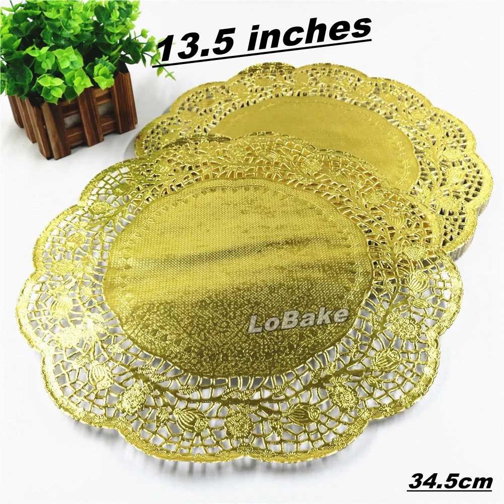 (100 pieces/pack) 13.5 inches golden color round paper lace doilies bread placemats wedding place mat party tabletop accessories