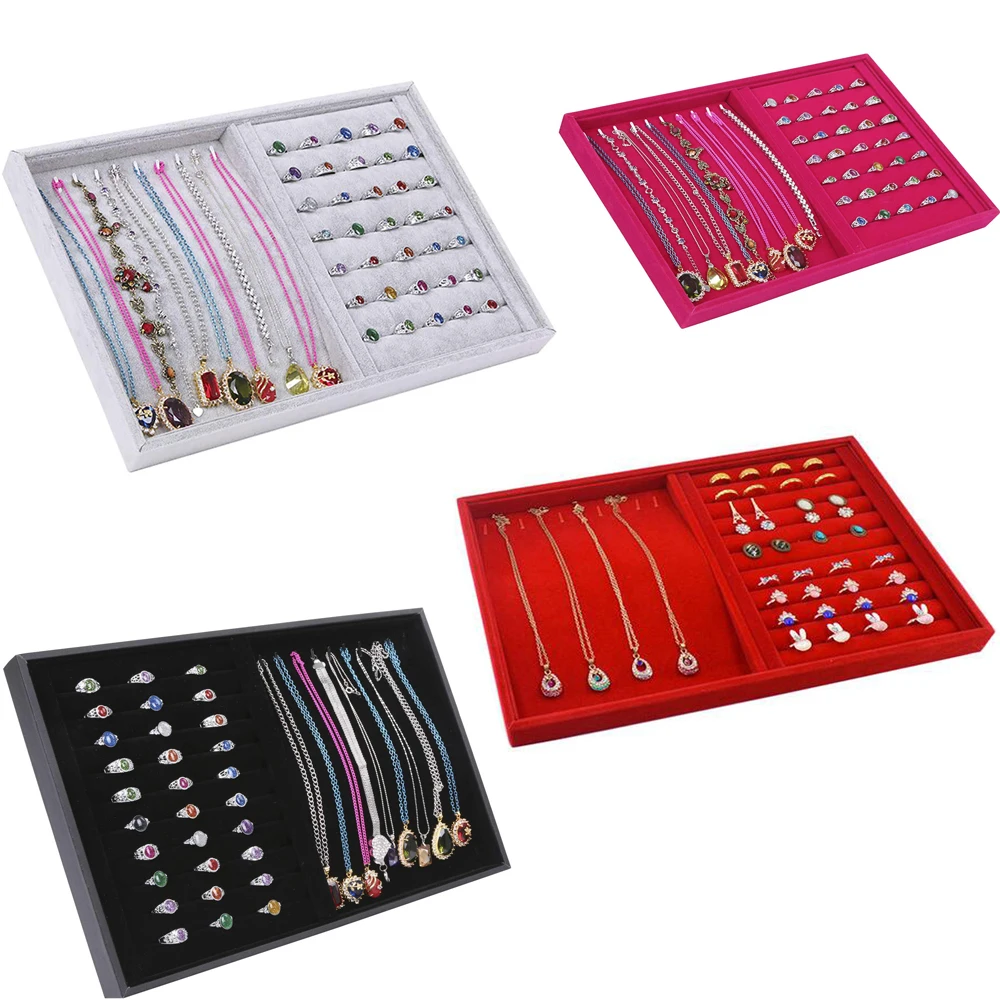 SZanbana 10Slots Rings & 8 Hooks Velvet Showcase For Necklaces Box Jewelry Organizer Display Storage Holder Ring Tray Gift Idea