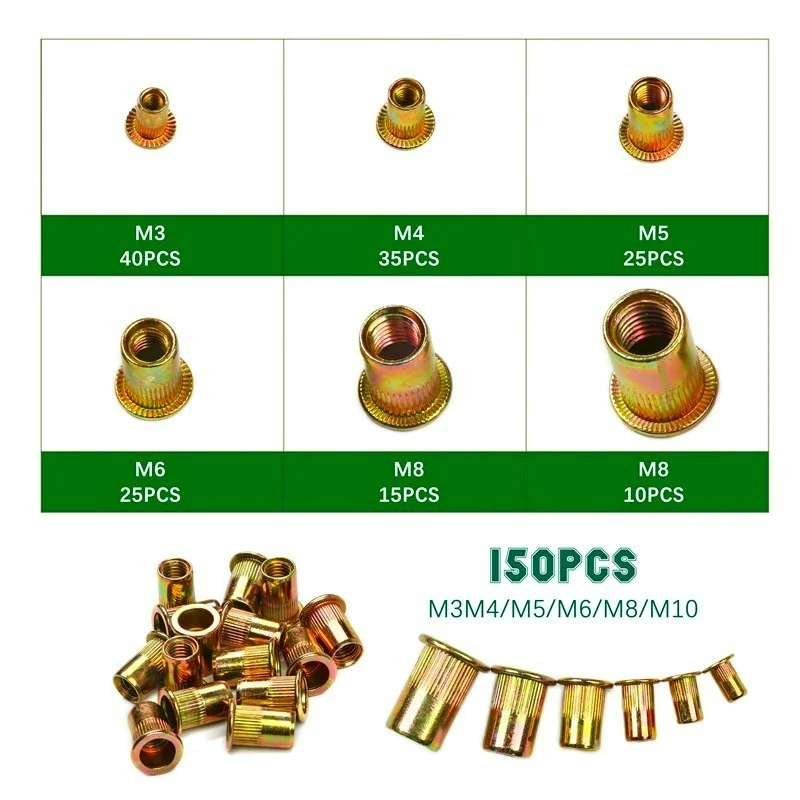150PCS Carbon Steel Rivet Nuts Flat Head Rivet Nuts Set Nuts Insert Riveting Set M3 M4 M6 M8 M10