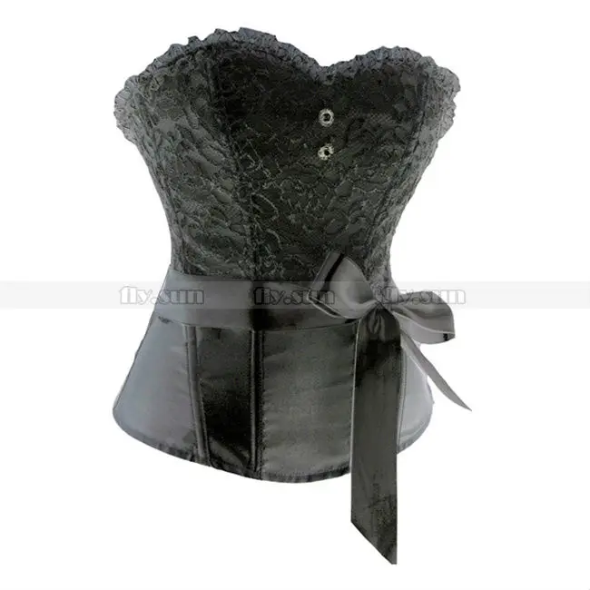 Black Lace Overlay Ribbon Belt Overbust Boned Corset Top Lace Up Bustier Zip Closure S M L XL 2XL