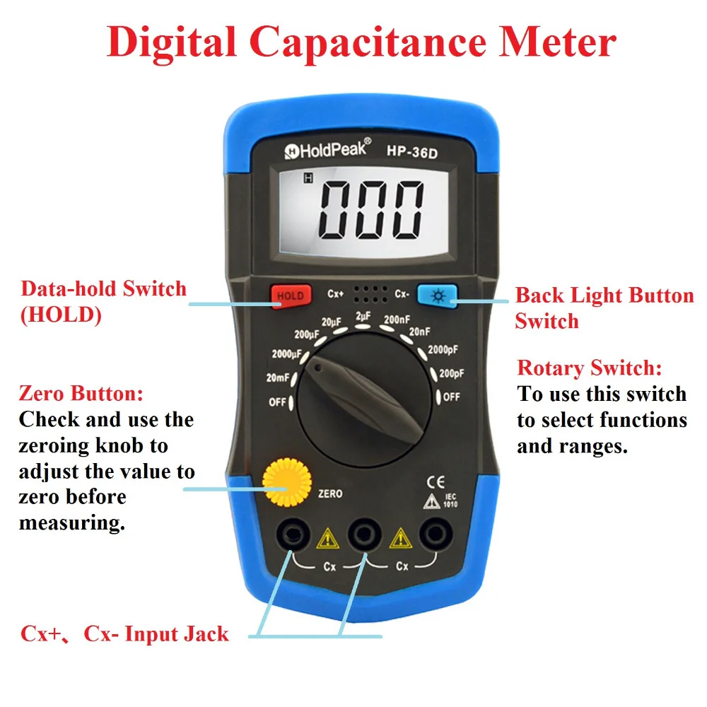 Imagem -02 - Handheld Digital Capacitância Medidor Tester 1999 Conta Capacitor Ferramenta de Diagnóstico Eletrônico Backlight Holdpeak-hp36d