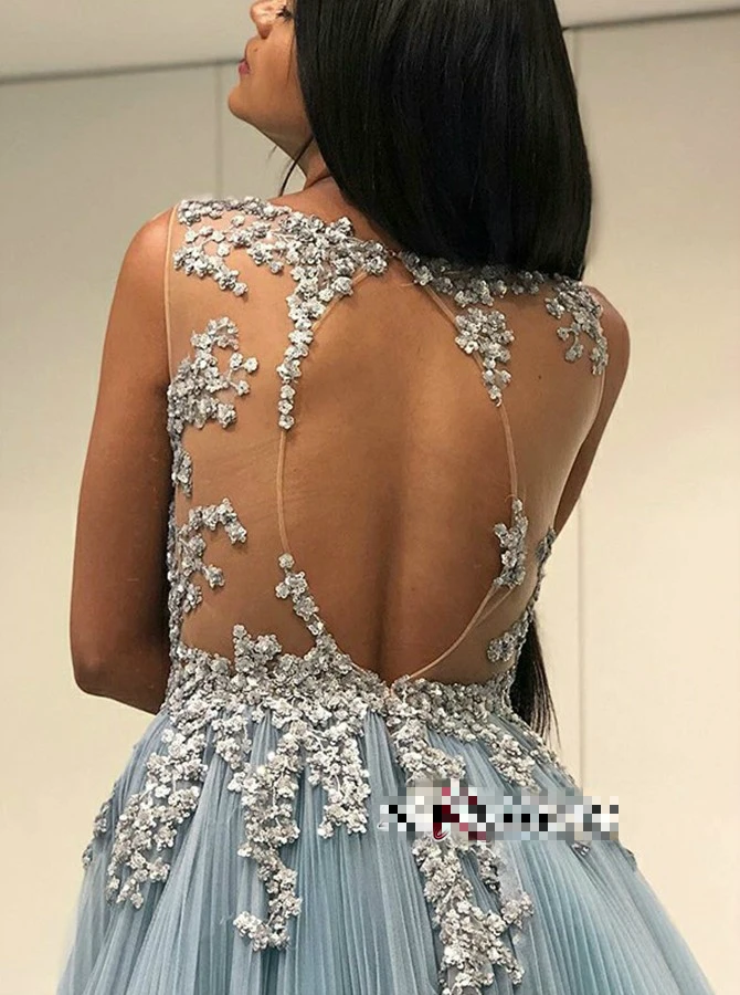 Xingpuaner – Robe de bal en Tulle bleu, col rond, sans manches, dos ouvert, haut argenté perlé, longueur au sol, avec des Appliques, nouvelle collection