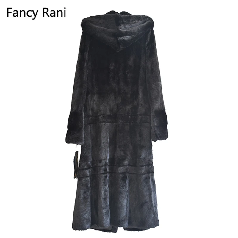 Russian Style 125cm Real Mink Fur Coat Hooded X-Long Rex Fur Coat Genuine Natural Mink Fur Coat Women Black Coats With Fur Hood