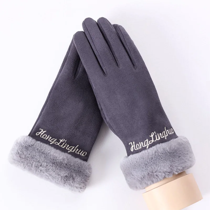 Winter Warm Sweet Ladies Embroidered Letter Gloves Plush Faux Fur Thickened Gloves Gloves Driving Cuir Fingers Handschuhe 1Pairs