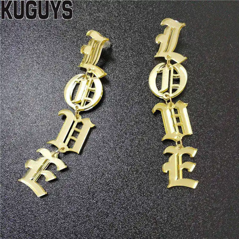 KUGUYS Love Gold Color Mirror Acrylic Long Earrings for Women Girl\'s Gift Letter Fashion Jewelry Trendy HipHop Accessories