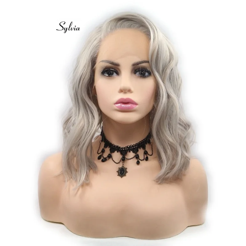 Sylvia Silver Gray Color Short Curly Wigs Synthetic Lace Front Bob Wig Side Part Heat Resistant Fiber Hair Wigs For Women Hair