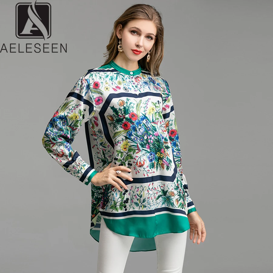 AELESEEN 2024 Summer Women Blouse Runway Fashion Long Sleeve Printed Loose Irregular Elegant New Floral Shirt