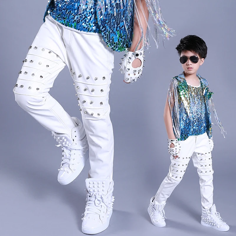 Jazz Dance Costumes Studded Leather Pants Street Dancing Modern Boys Clothes Kid Hip Hop Clothing Stage Show Dancewear DNV11055