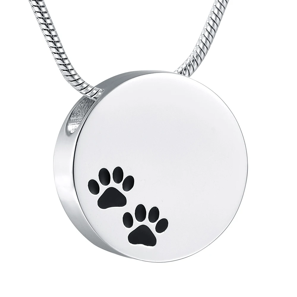 Round Memorial Cremation Pendant with Paw Print Dog Funeral Casket Necklace for Pet Keepsake Jewelry