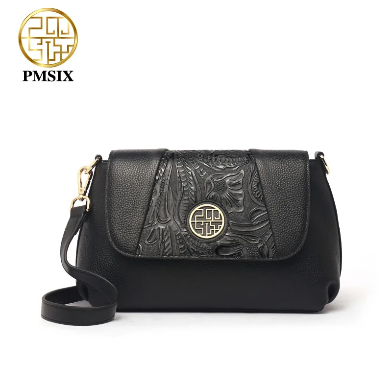 PMSIX 2020 Embossed Floral Genuine Leather Shoulder Bag Casual Black Ladies Cross-body Bag Long Straps Messenger Bags