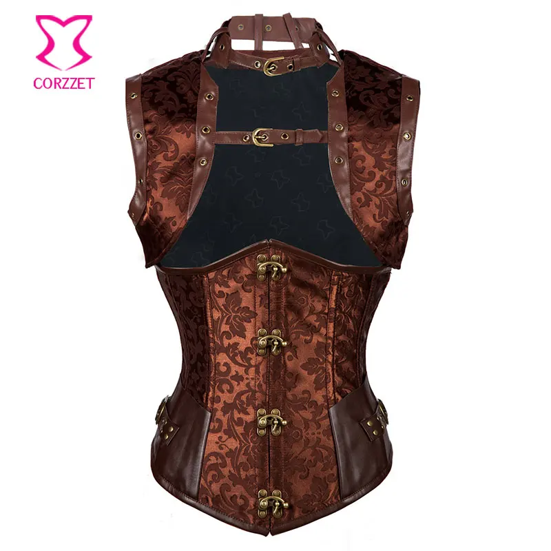 

Corzzet Brown Steel Boned Ubderbust Steampunk Corset And Jacket Waist Trainer Plus Size Gothic Costumes Corselet