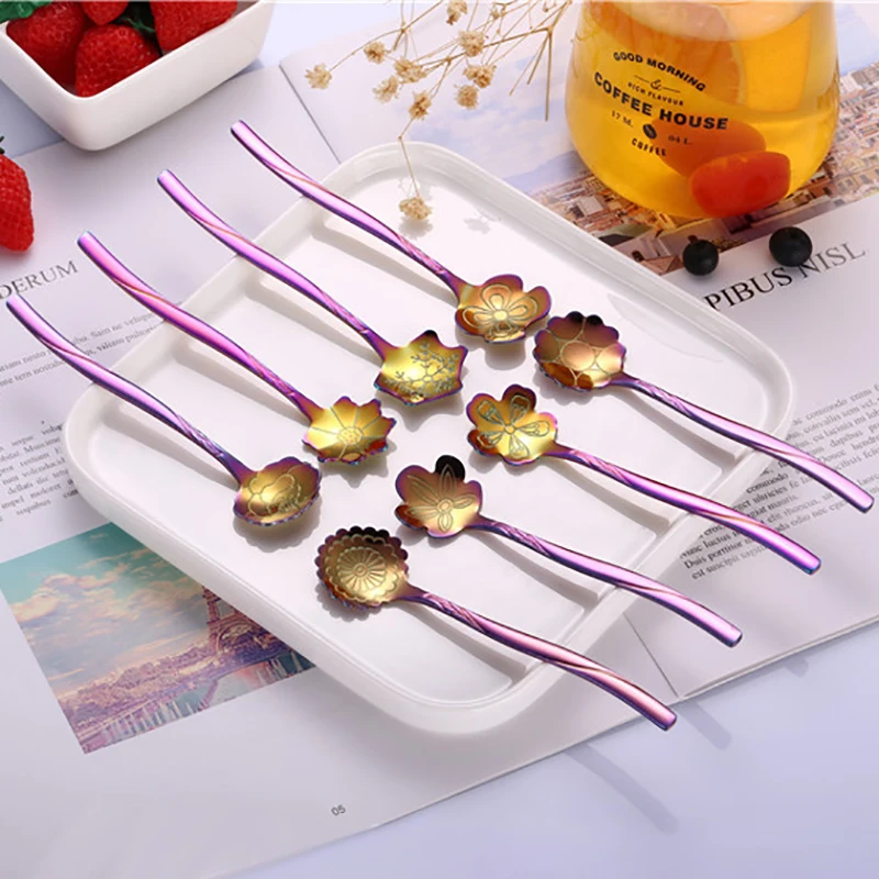 

Dessert Spoon Honey Spoon Mixing Scoop Cucharas Stainless Steel Ladle Colorful Tableware Mirror Polished Cutlery Set 8pcs/set