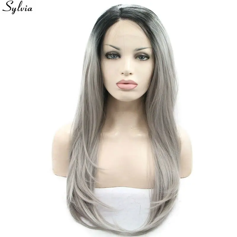 

Sylvia Black To Grey Two Tones Ombre Straight Wig Synthetic Lace Front Wigs Heat Resistant Fiber Hair For Women