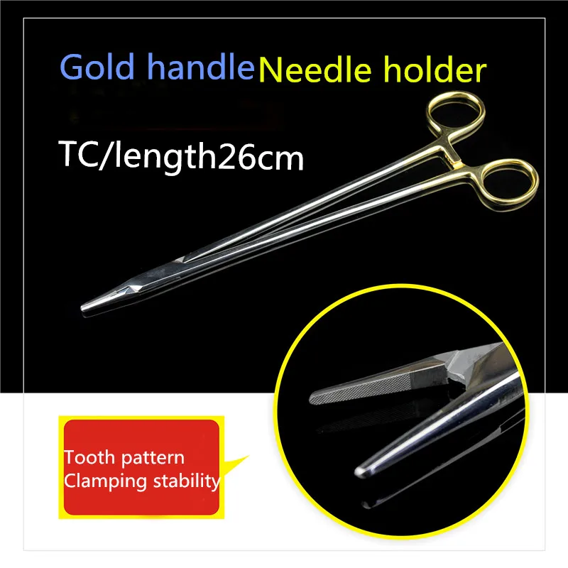 Abdominal surgical instruments 304 stainless steel gold handle insert needle holder Medical needle holder forceps 26 cm longer