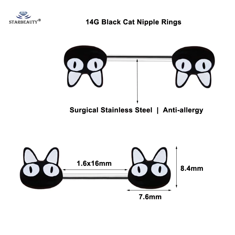 2 pcs/lot Cute Black White Cat Nipple Ring Barbell Surgical Steel 14G Nipple Piercing Jewelry Helix Piercing Earrings for Women