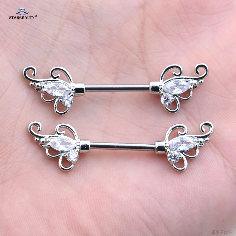 Starose 1 زوج 14 جرام الفولاذ المقاوم للصدأ الحديد مثير حلقات للحلمات من الفولاذ مع الزركون للنساء اللولب الحلمة ثقب المجوهرات