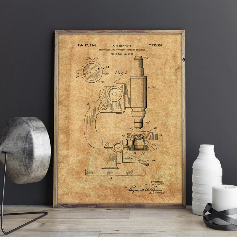 Microscope Patent Microscope Wall Art Print Chemistry Posters Science Room Wall Decor Vintage Blueprint Canvas Painting Pictures