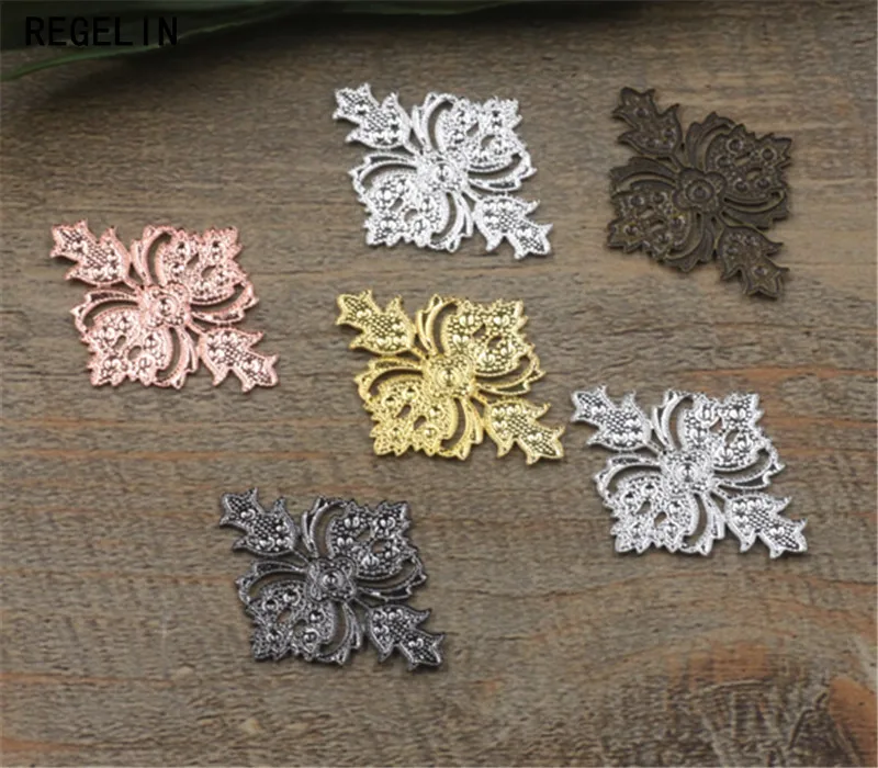 REGELIN Vintage Hollow Flower Motif Charms Silver Plated Flower Jewelry Findings 50pcs 23x30mm for DIY Retro Headwear Material