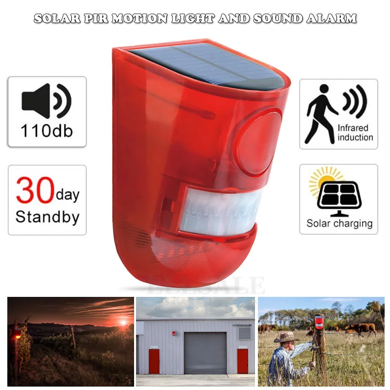 Solar Powered infravermelho Motion Sensor Detector, sirene Strobe Sistema de Alarme, à prova d\'água, 110dB Alto, Casa, Jarda, Segurança ao ar livre