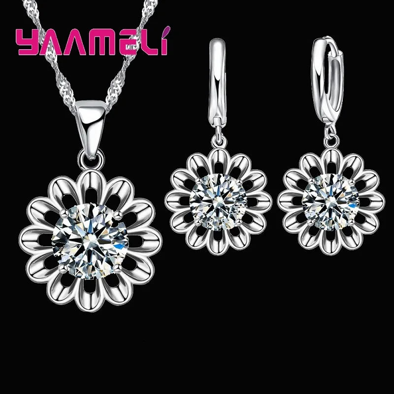 Neue Mode Hochzeit Schmuck Set Frauen Top Qualität 925 Sterling Silber Farbe Kristall Anhänger Halskette Hoop Ohrring Große Förderung