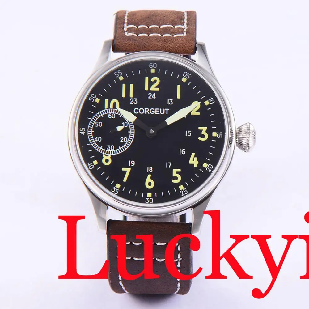 CORGEUT 44mm Sterile Hand Winding Men\'s Watch With Green Marks 17 jewels Asian 6497 Movement Luminous Hand