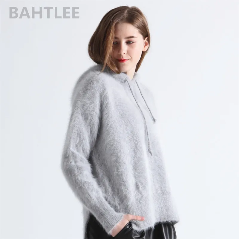 BAHTLEE-Women\'s Angora Knitted Pullover Sweater, Oversize Cap Jumper, Long Sleeves, Keep Warm, Loose, Stye Thick, Winter