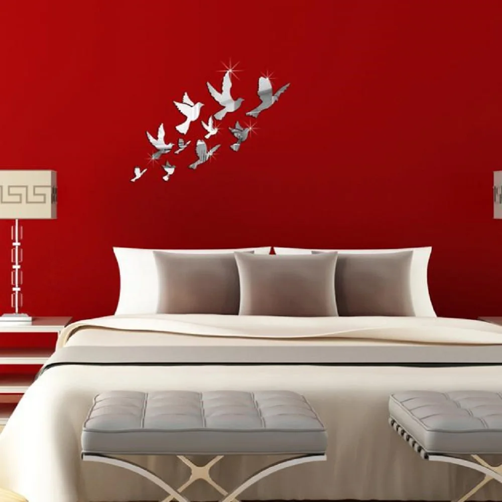 10pcs Peace Pigeons Pattern Flying Birds Acrylic 2014 Crystal Reflective DIY Mirror Effect 3D Wall Stickers Home Decoration