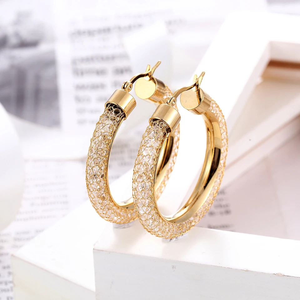 BORASI Gold Color Stainless Steel Shiny Crystal Earrings Fashion Circle Round Crystal Big Dangle Earrings Engagement For Women