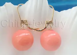 Beautiful 12mm perfect round pink coral color sea shell pearl earring