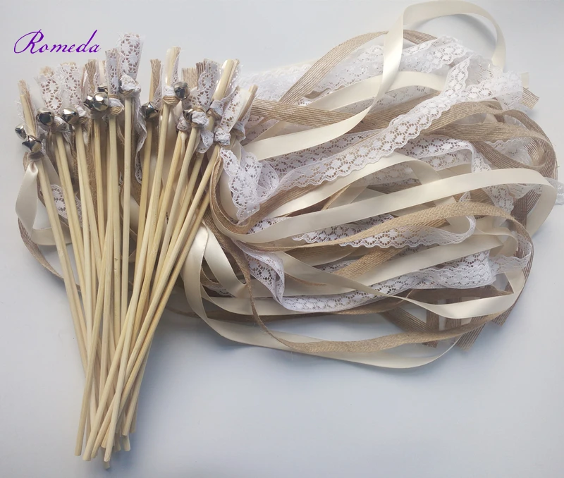 New  30/20/10pcs/lot Champagne + jute + lace wedding Ribbon Wands stick Confetti Stream with big sliver Bells for wedding party