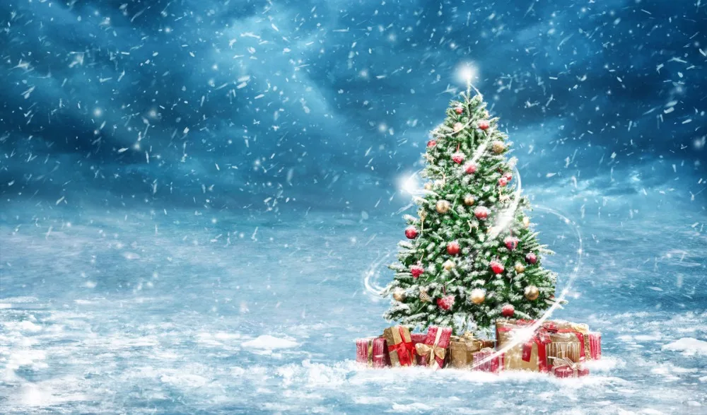 

VinylBDS Blue Photography Backdrops simpe christmas tree boxs Photo Backdrops Snowy day romantic Camera New Year Photo Studio