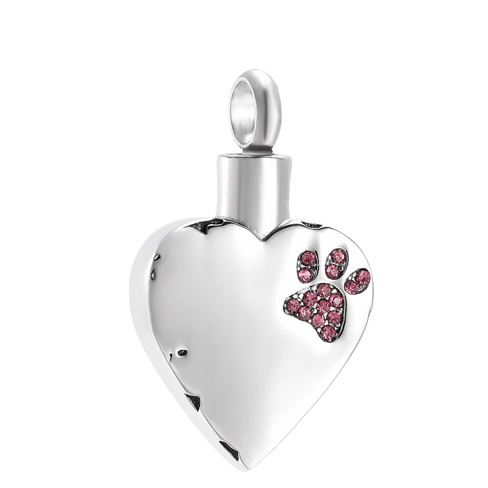 CMJ9981   Lovely Paw Print Engrave Heart Stainless Steel Urn Pendant Necklace  Memorial Jewelry for Mom  Wholesale or Retail