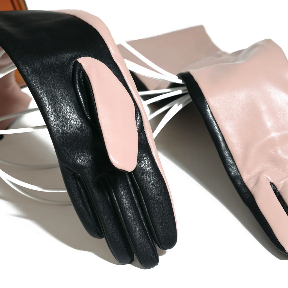 Winter Women Genuine Leather Contrast Color 40/50 cm Long Gloves Female Pink/Black Opera Evening Luva Mujer Street Deri Gantlet