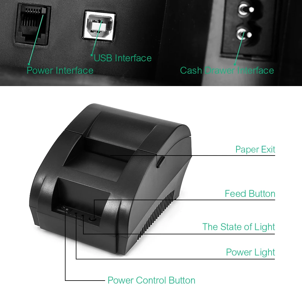 Original ZJ 5890K Mini Printer 58mm POS Thermal Receipt Bill Printer Universal Ticket Printer Support Dot-matrix Multi-language