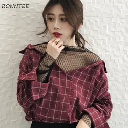 Shirts Women Korean Chic Trendy Loose Mesh Patchwork Womens Plaid Retro V-Neck Female Temperament All-match Fashion Casual Daily