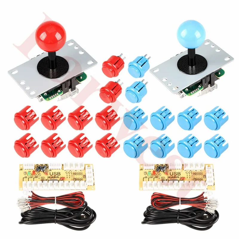 2 Player USB Controller to PC Game 2X 5Pin Joystick+4X 24mm Push Button+16x 30mm Buttons for Arcade Games DIY Kits Parts Mame