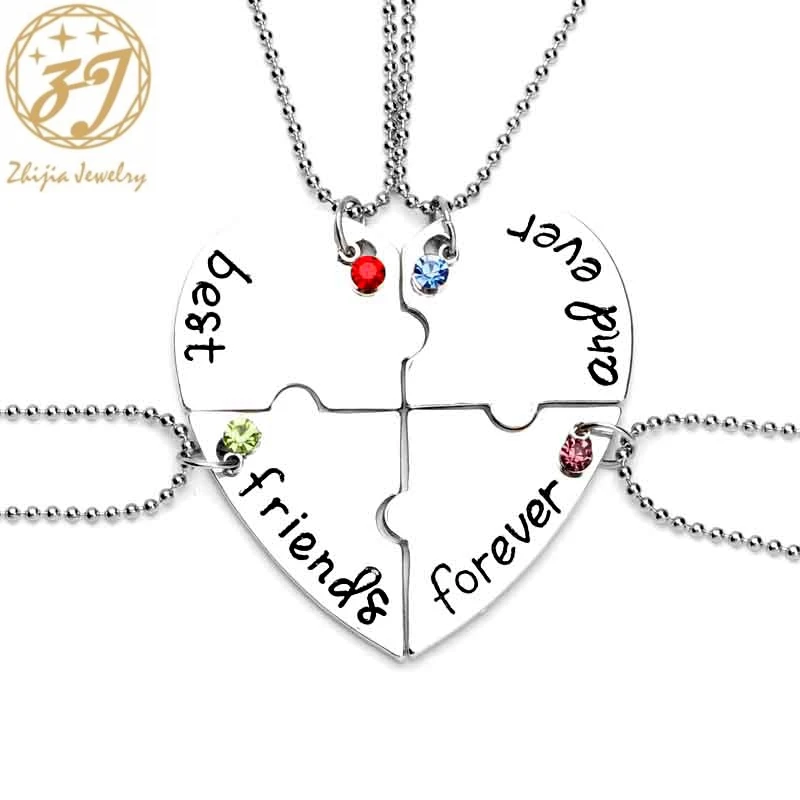 zhijia best friends forever and ever BFF Necklaces 4 pcs beads chain crystal jigsaw puzzle necklace friendship jewelry