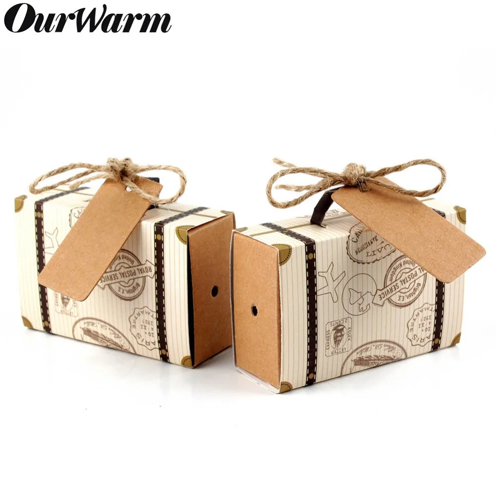 OurWarm Wedding Favors Gift Box Paper Suitcase Travel Candy Bags with Kraft Tag For Guest Birthday Baby Shower Party Decoration