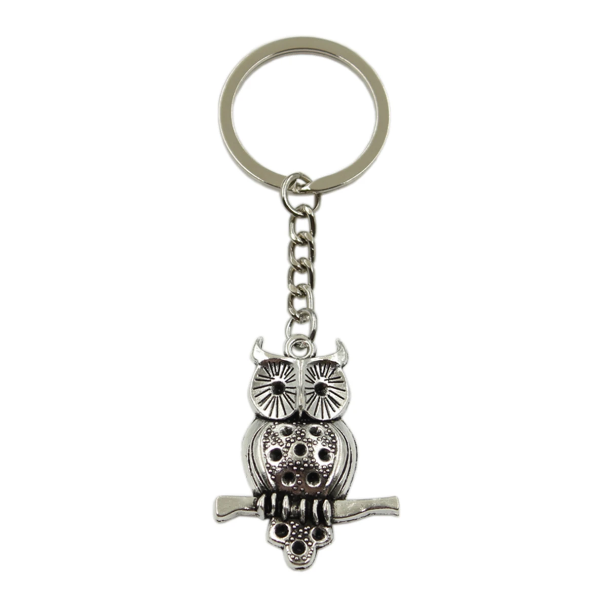 Factory Price Owl Standing Branch Pendant Key Ring Metal Chain Silver Color Men Car Gift Souvenirs Keychain Dropshipping