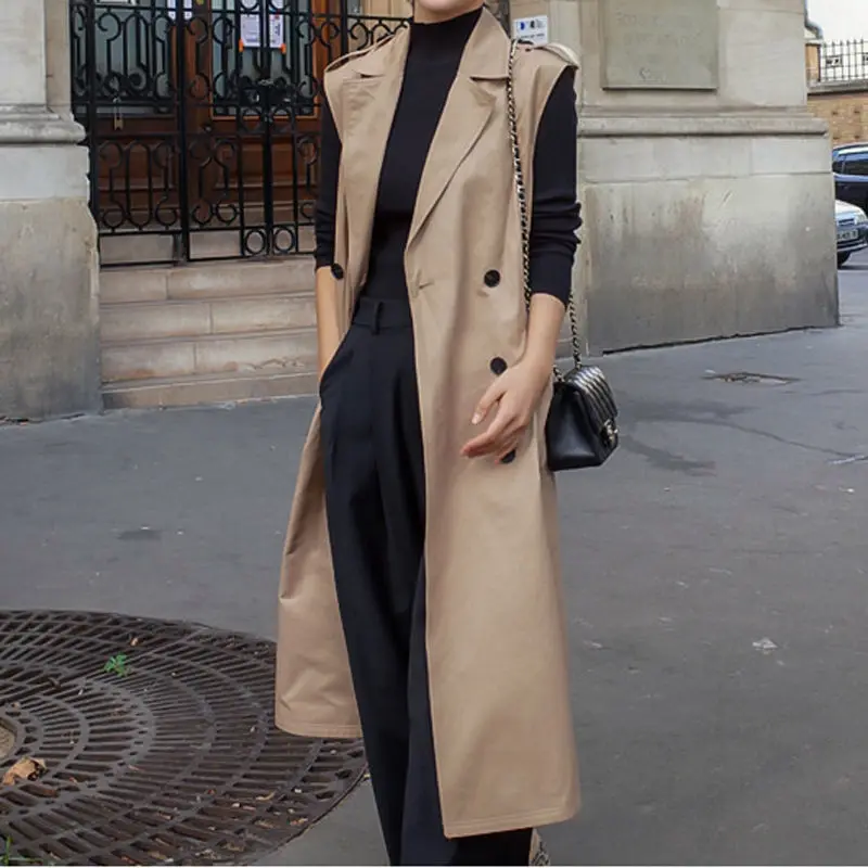 Sleeveless Trench Coat Vest Women Chaleco Mujer BF Style Long Vest Jacket Double-Breasted Women Vest Cardigan Waistcoat C5591