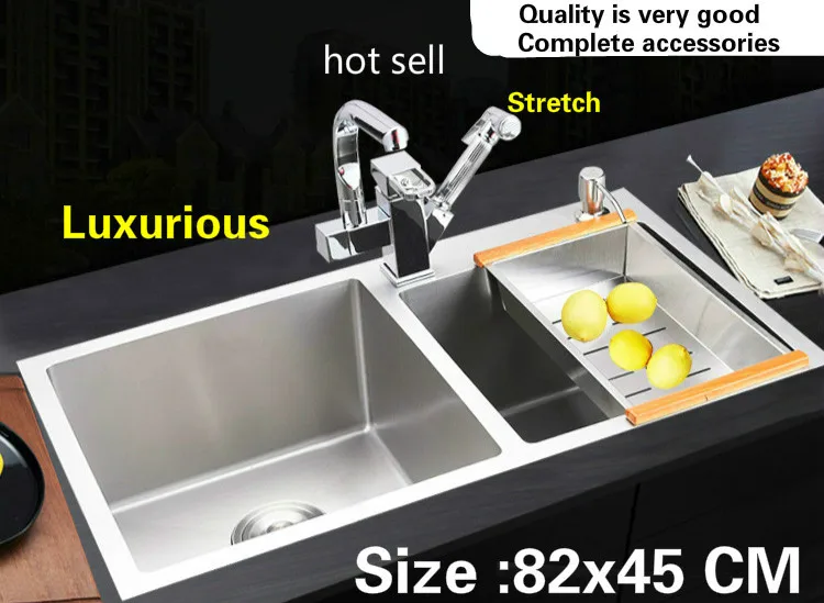 

Free shipping Apartment large kitchen manual sink double groove luxurious food grade 304 stainless steel hot sell 82x45 CM