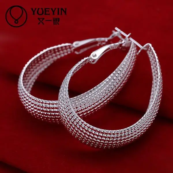 Silvery Reticulate Hoop Earrings Ear Loops for Women Charm Wedding Engagement Fashion Party Silver Plated Jewelry Wholesale E064