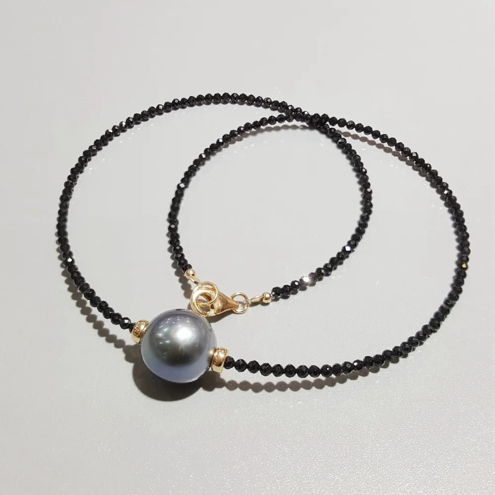 Lii Ji Tahitian Pearl Black Spinel Necklace Fine 12-13mm Pearl 925 Sterling Silver 18K Gold Plated Delicate Jewelry Female Gift