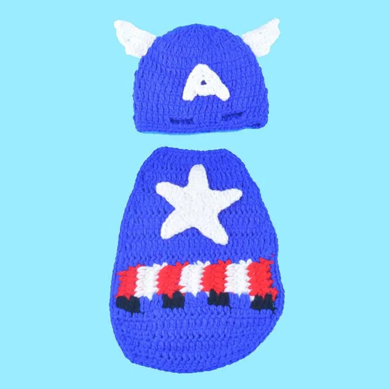 Crochet Pattern Captain America Newborn Photo Prop Outfit Knitted Baby Hat with Cape Handmade Infant Costume Set H231