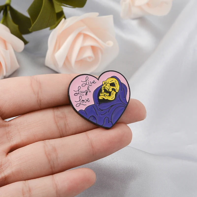 Live Laugh Love ! Skeletor Halloween Gothic Dark Heart Shape Skull Skeleton Death Godfather Enamel Badge Brooches Lapel Pins