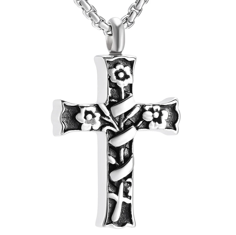 

CL077 Flower Wrapped Cross Cremation Keepsake Urns Neckalce For Women& Men Stainless Steel Memorial Jewelry Pendant