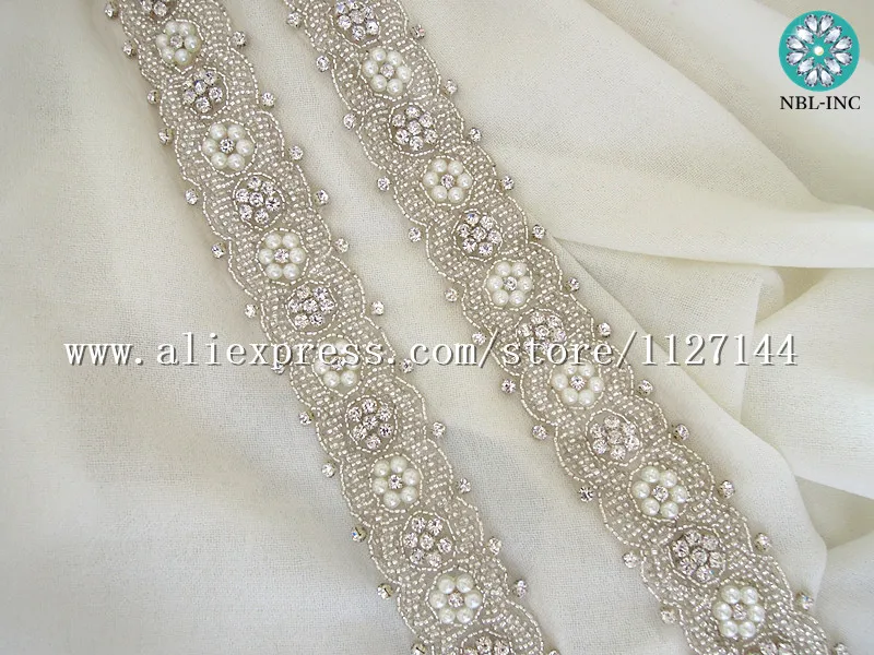 (10 yards)Wholesale hand beaded sewing silver rhinestone pearl applique trim iron on for wedding dress sash WDD0777