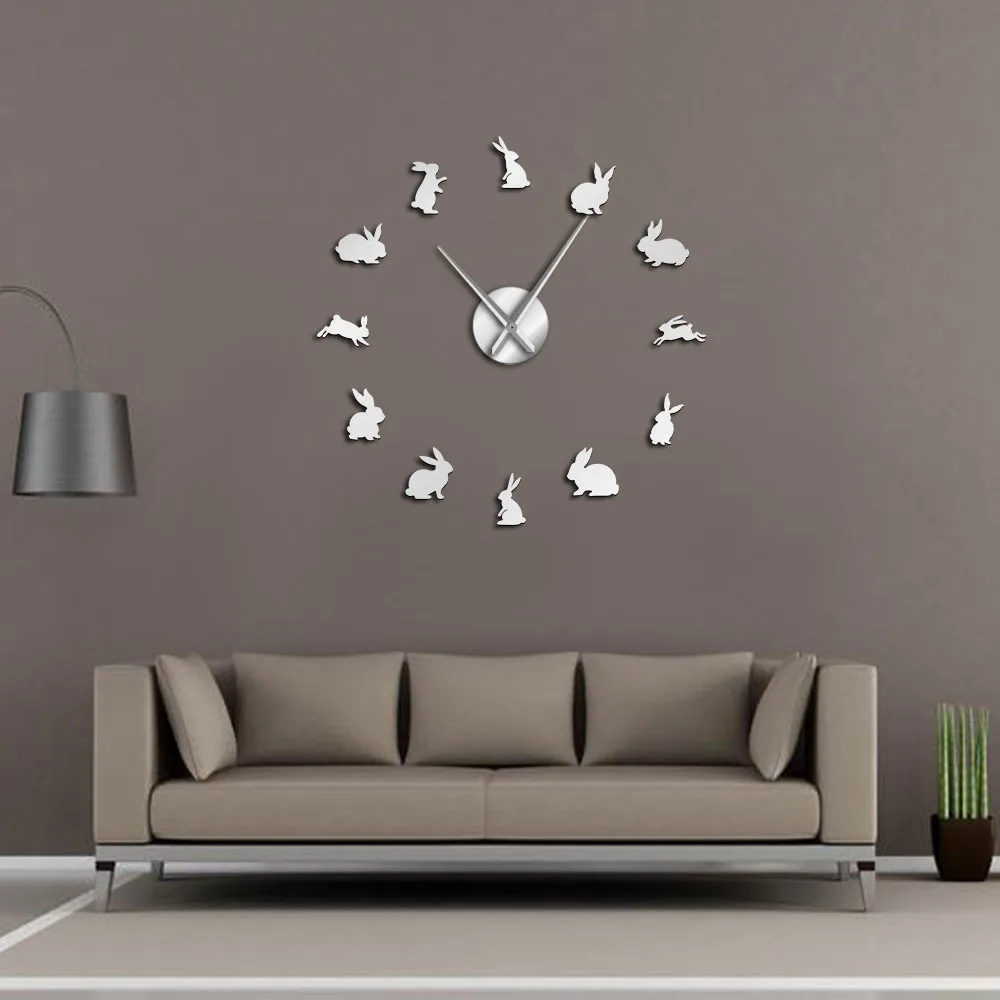 

Rabbits Frameless DIY Large Wall Clock Nursery Wall Art Mirror Wall Stickers Kid Room Home Decor Wall Watch Easter Bunny Clock